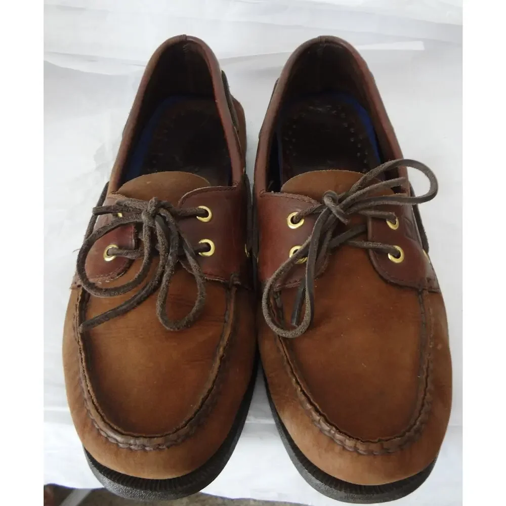 Sperry Top Sider Dark Brown Nubuck Leather Loafer Boat Mens 11W Wide Moc 2 Eye